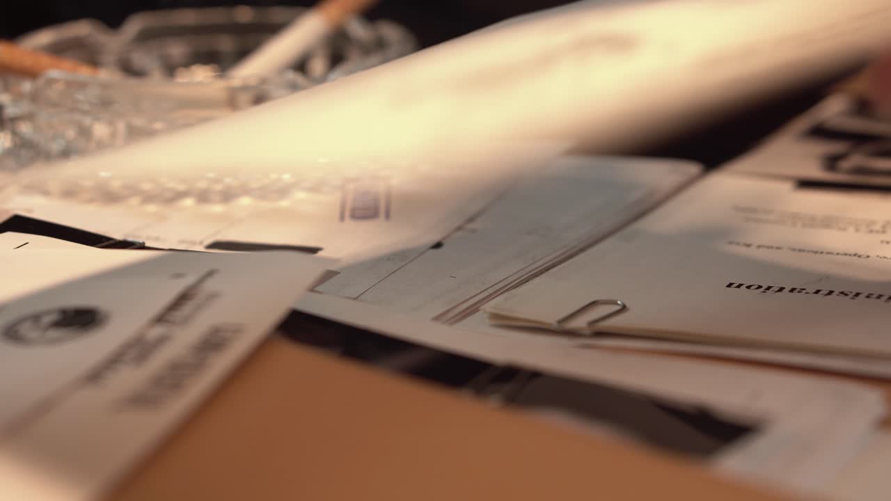 Detectives Looking Over Investigation Files and Documents, Ashtray and Smoking Cigarettes on Desk, Close Up