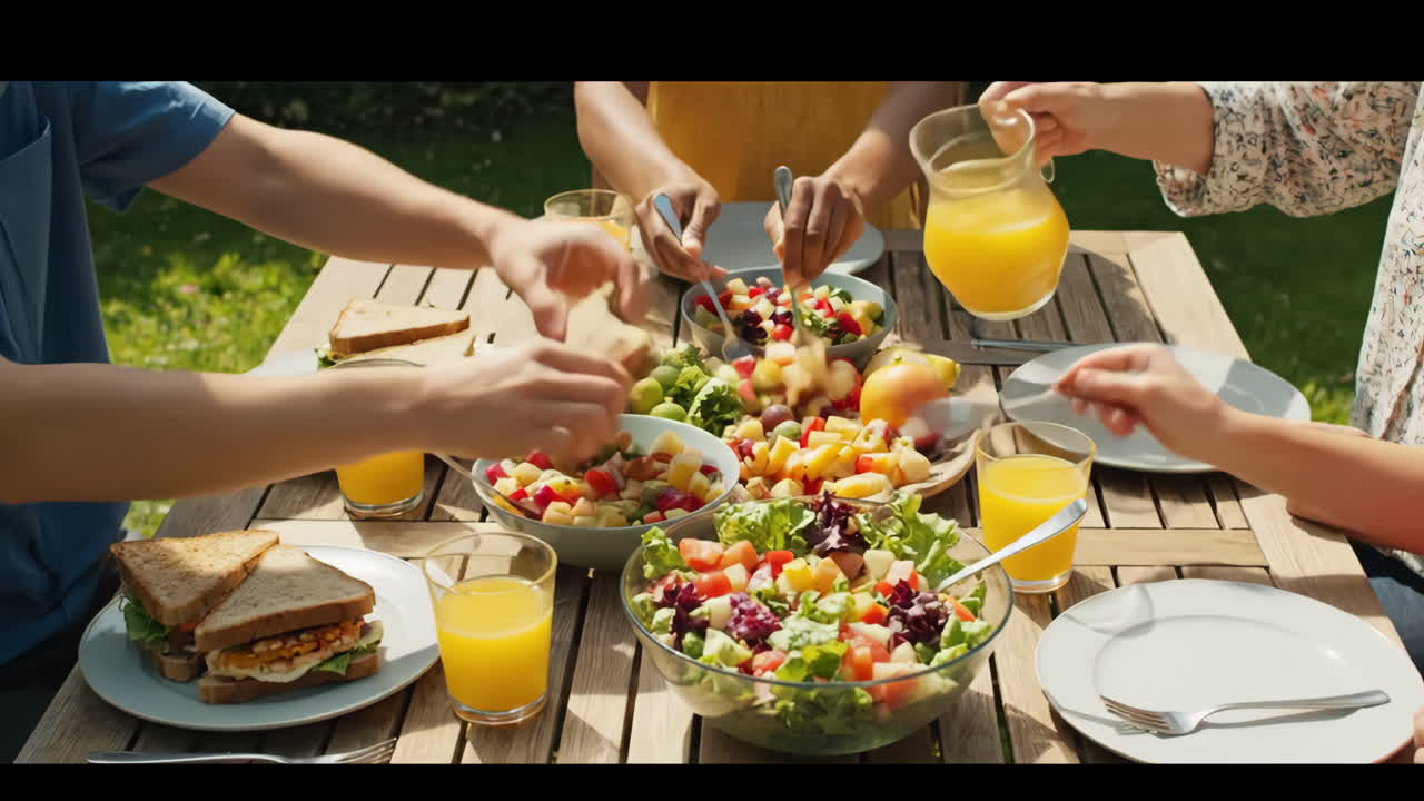 People enjoying an outdoor summer meal with salads and sandwiches