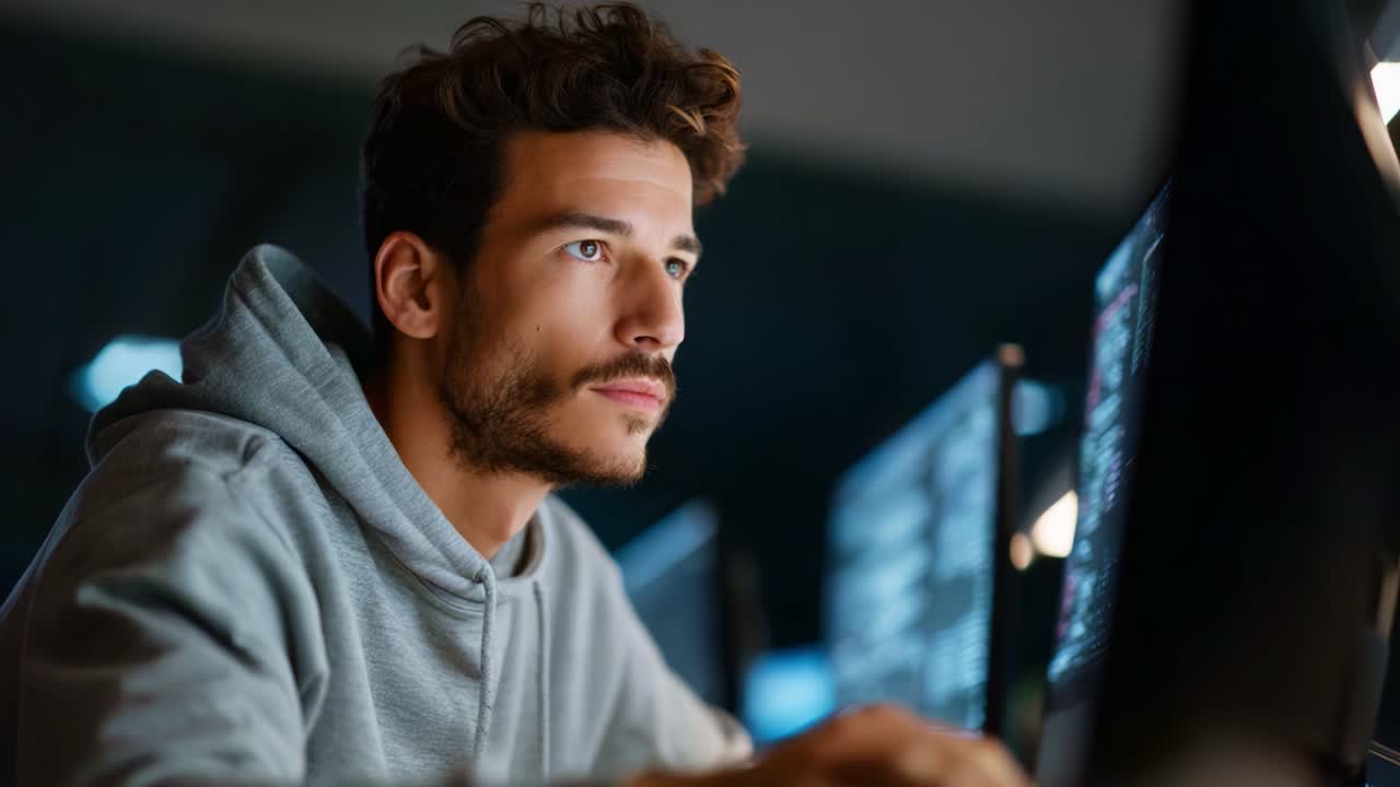Focused Programmer Working Late Night on Computer with Multiple Screens Displaying Code and Data in a Dimly Lit Environment for Software Development Tasks