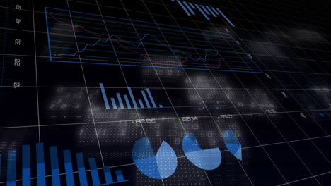 financial charts and graphs animation over digital data grid background