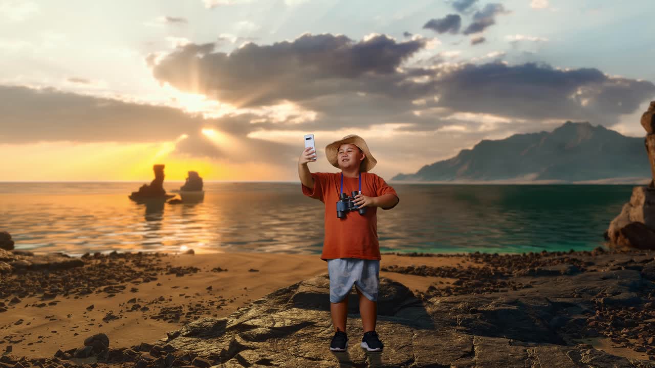 Anak Laki-Laki Asia Memakai Topi dan Teropong Melambaikan Tangan Melakukan Panggilan Video di Smartphone di Pantai. Anak Laki-Laki Peneliti Memeriksa Sesuatu, Petualangan Wisata, Seluruh Badan