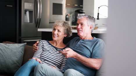 senior white couple relaxing on couch watching television