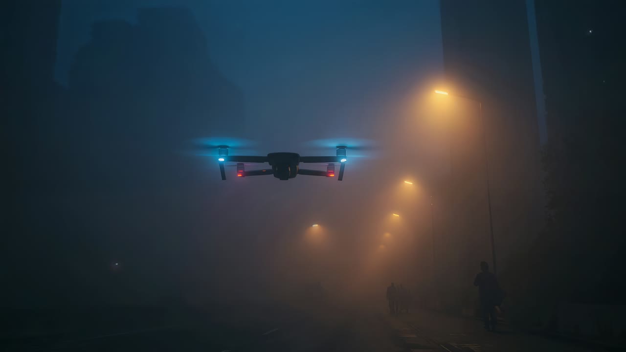 Hovering drone holding steady in foggy urban street, pedestrians entering from right wearing coats