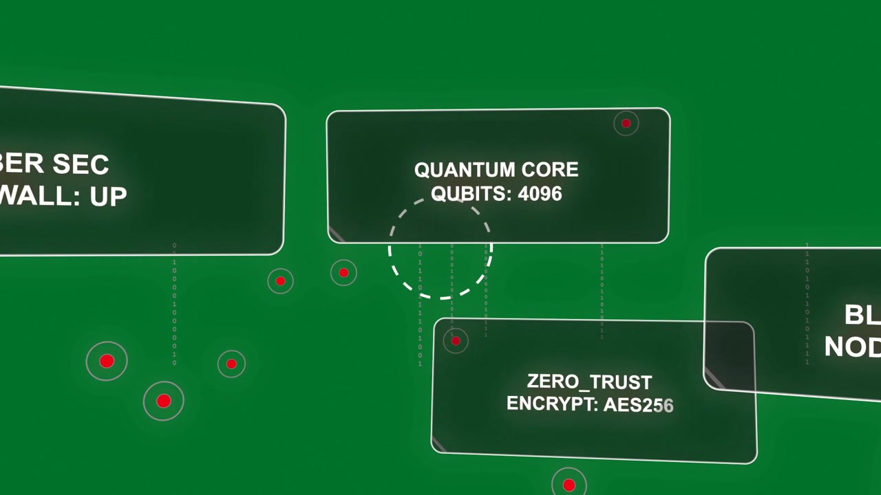Cam panning, lifting, QUANTUM CORE QUBITS:4096 ZERO_TRUST AES256 appearing, nodes pulsing, securing