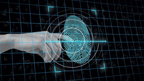 Human-finger-scanning-over-biometric-scanner-against-grid-network-on-black-background