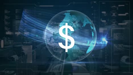 Animación-Del-Símbolo-Del-Dólar-Y-Destello-De-Lente-Moviéndose-Alrededor-Del-Mundo-Sobre-La-Placa-Base-Y-Las-Barras-De-Carga