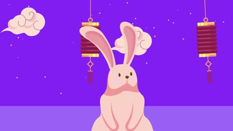 animación del festival de la luna feliz con conejo y lámpara
