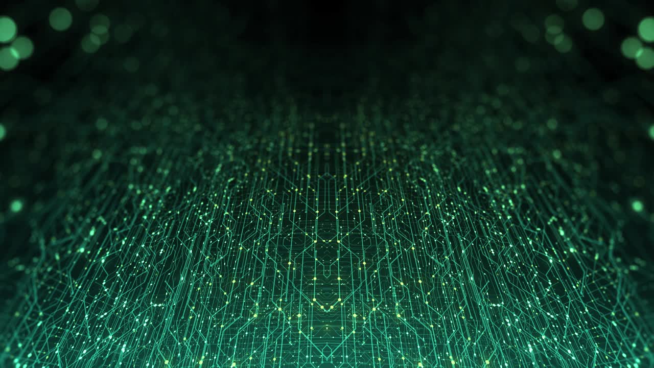 Abstract digital city. Digital Circuit board, Motherboard, Digital chip. Digitalization of Information: IT, IOT, Server, Data Center. Animated Visualization Network Data. 3D render, 4K seamless loop