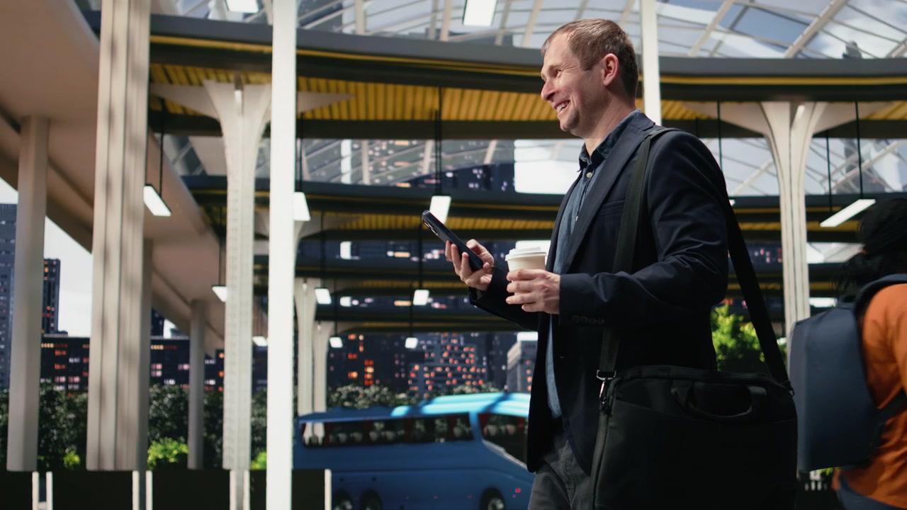 Viaggiatore d'affari felice nel terminal degli autobus che usa lo smartphone e tiene il caffè