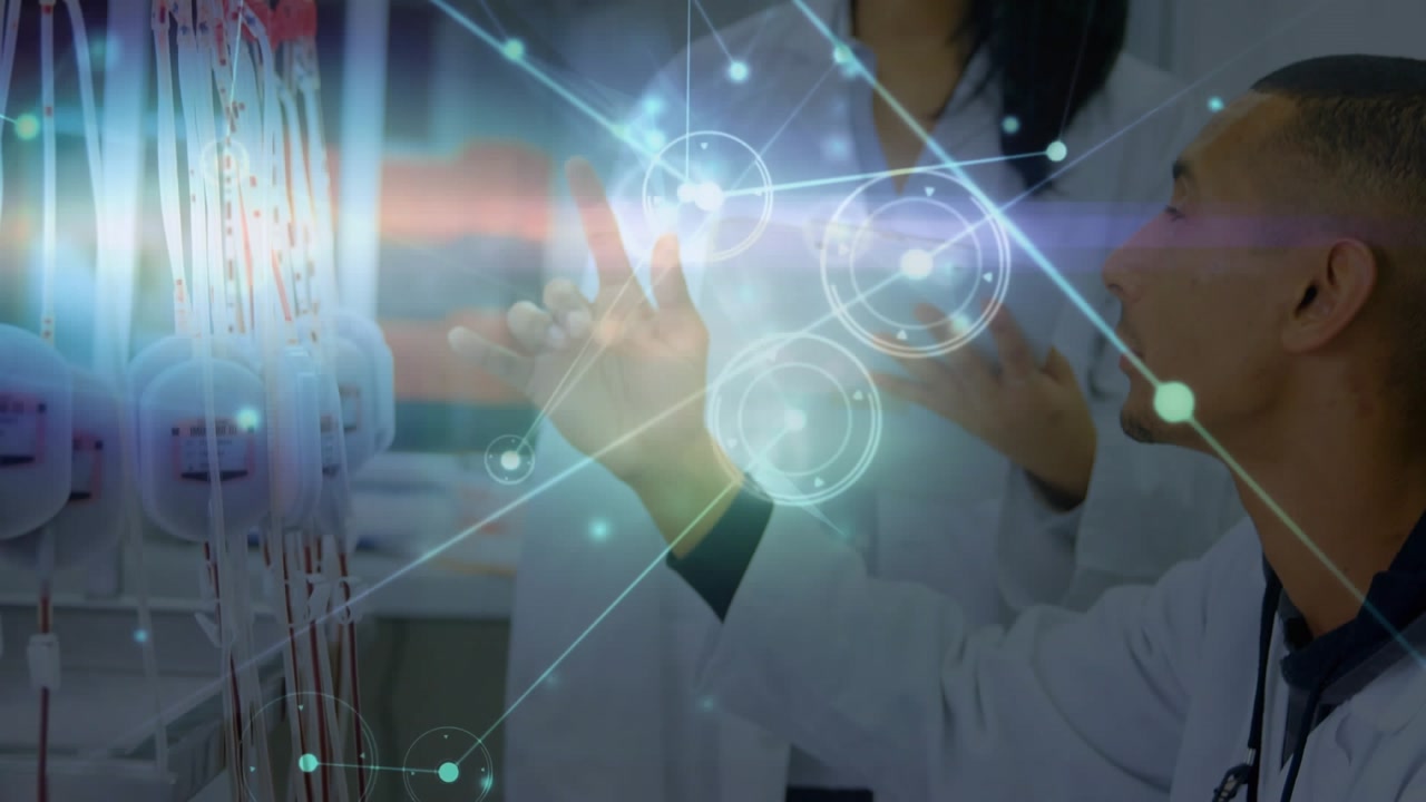 Scientists Discussing Research in a Laboratory with Digital Overlay