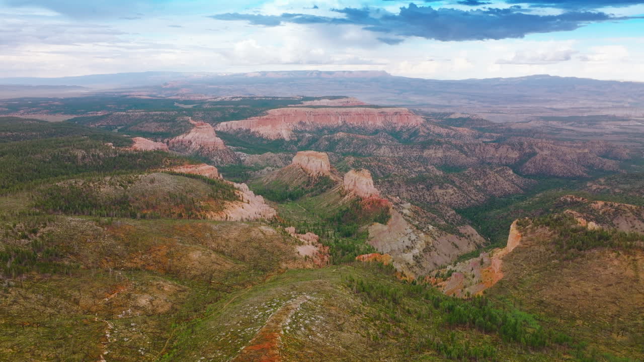 Amazing scenery of stunning mountains in Zion National park, Utah, USA. Cloudy sky over great canyons at backdrop. Aerial view.
