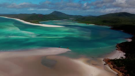 north end hill inlet lookout white sandbar aerial drone whitsundays qld australia sunny cloudy motion shade whitehaven beach great barrier reef island airlie national park clear blue ocean static