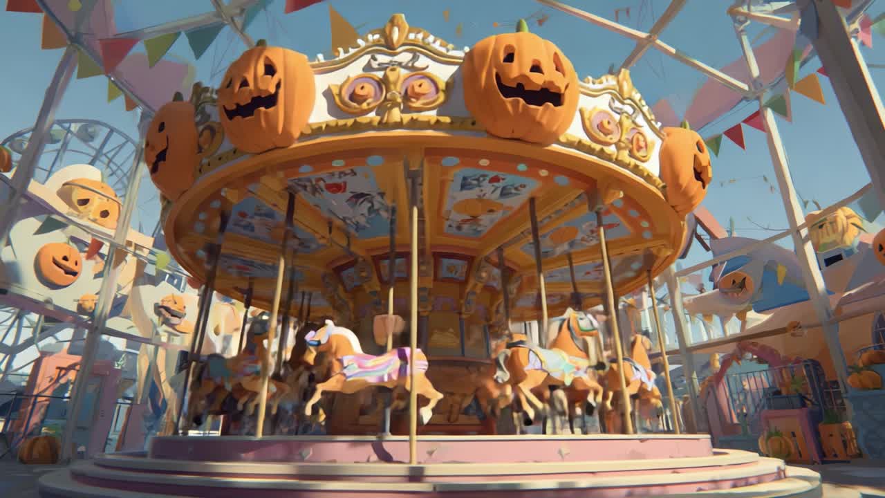 Whimsical Carousel Surrounded by Festive Decorations and Lively Elements, Featuring Playful Pumpkin Themes and Enchanting Colors Perfect for Autumn Celebrations