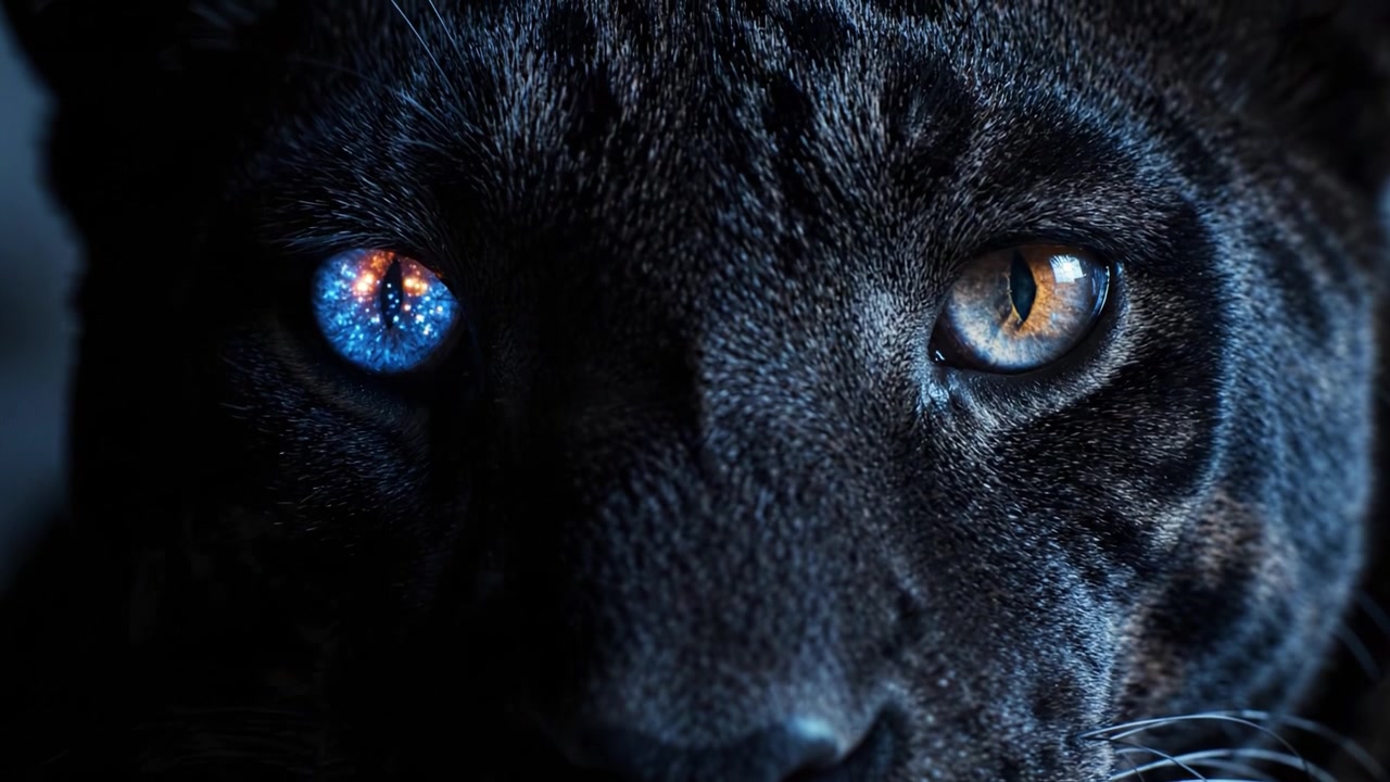 Um close-up deslumbrante de uma Pantera Negra exibindo seus dois olhos hipnotizantes, um com cores cósmicas e o outro em âmbar intenso, capturando a beleza majestosa da natureza