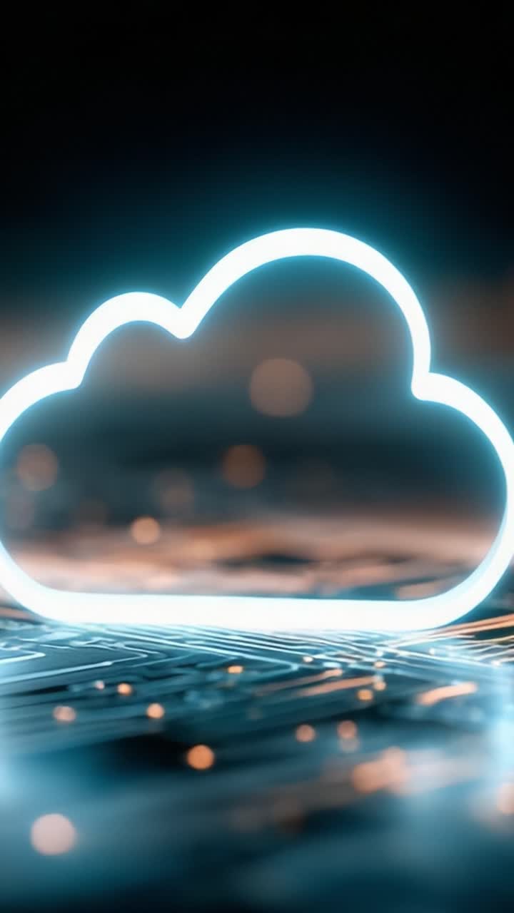 Una straordinaria rappresentazione di un'icona nuvola al neon illuminata su uno sfondo tecnologico, che enfatizza la connessione tra le innovazioni digitali e l'archiviazione cloud