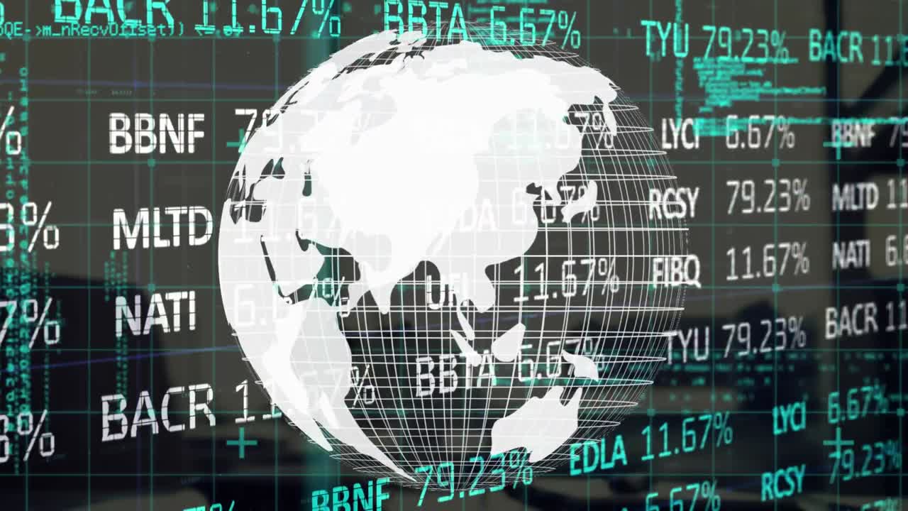 Animation of financial data processing and globe over office