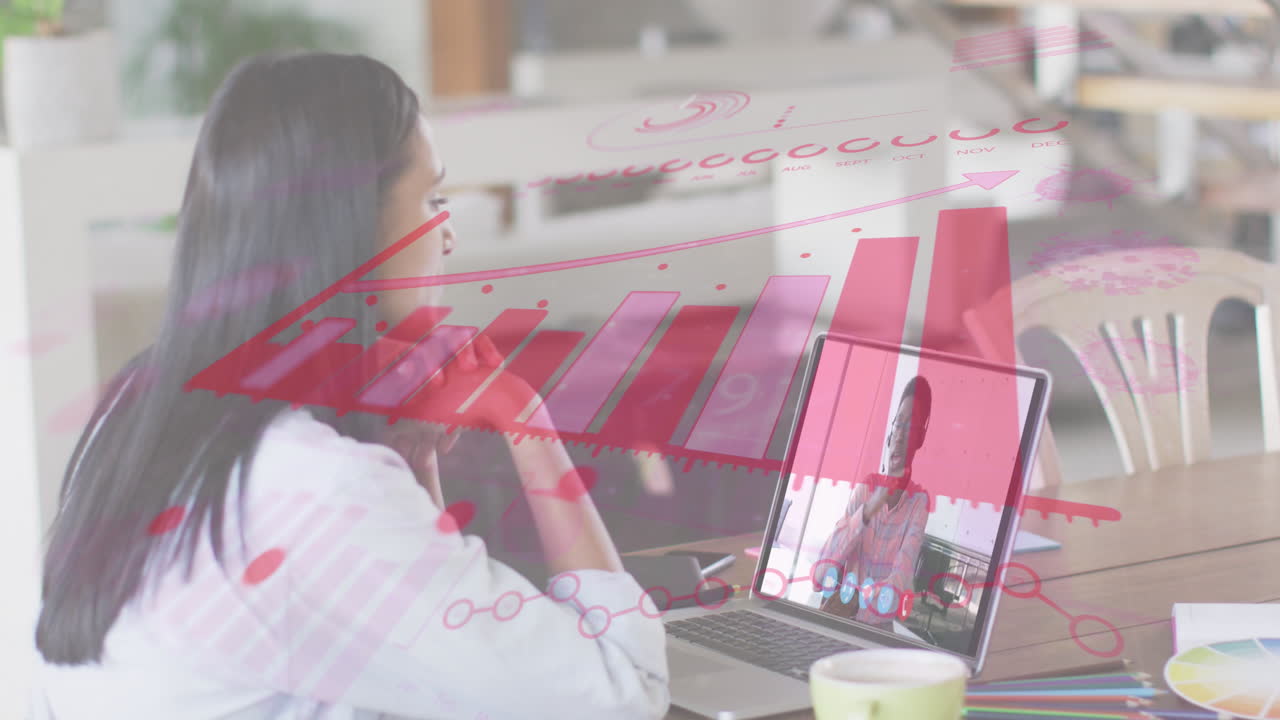 animación de grabación de estadísticas sobre una mujer usando una computadora portátil en una videollamada