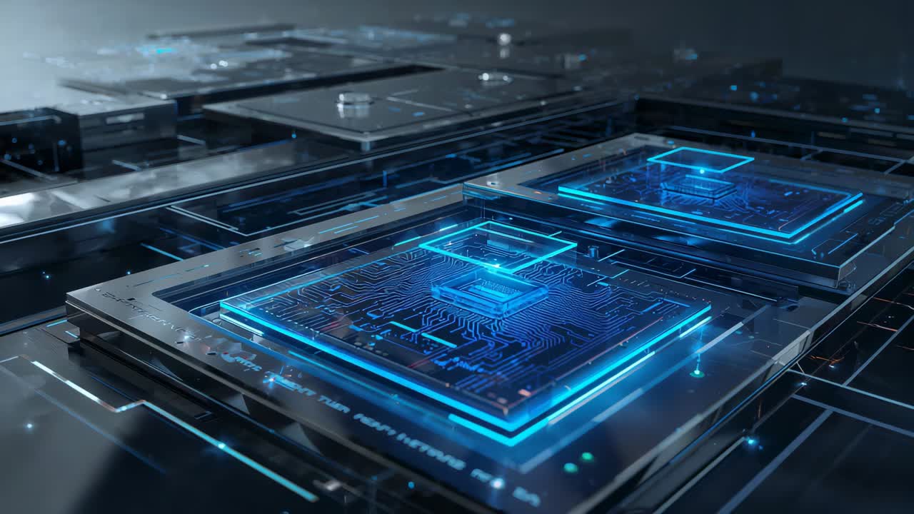 Camera pulling forward revealing cyan-lit circuit modules on electronic board, showcasing traces