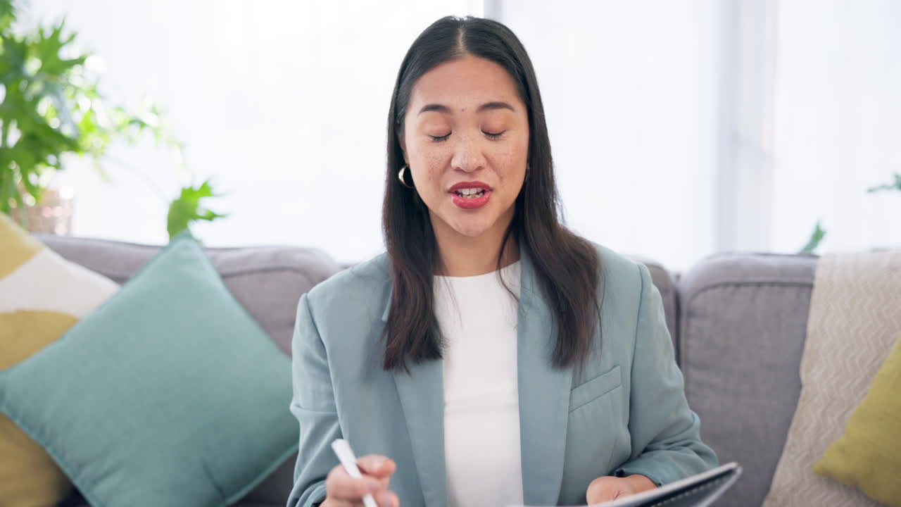 Wave, video call and Asian woman on sofa