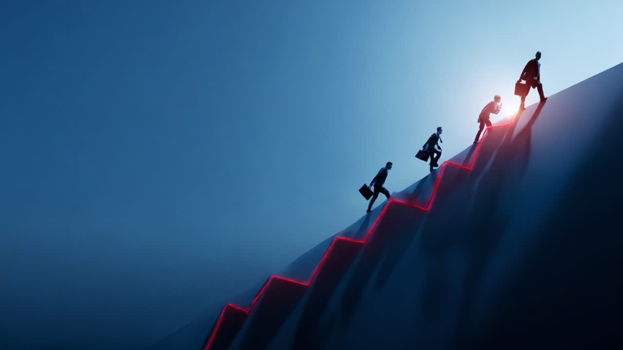 A Journey of Professionals Ascending a Symbolic Graph, Climbing Towards Success Against a Backdrop of Sunlight and Gloom, Representing Ambition, Growth, and Achievement in Business
