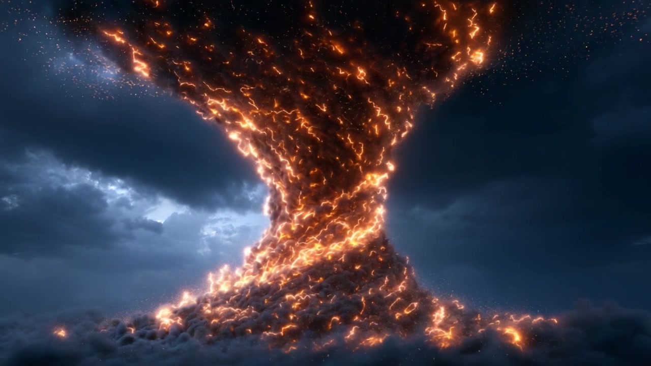 Un'intensa eruzione di lava che crea un tornado infuocato sopra nuvole scure e temporalesche, in una drammatica dimostrazione della potenza e della furia della natura.