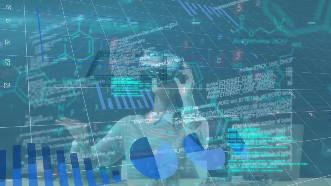 animación del procesamiento de datos sobre una mujer de negocios caucásica usando auriculares vr