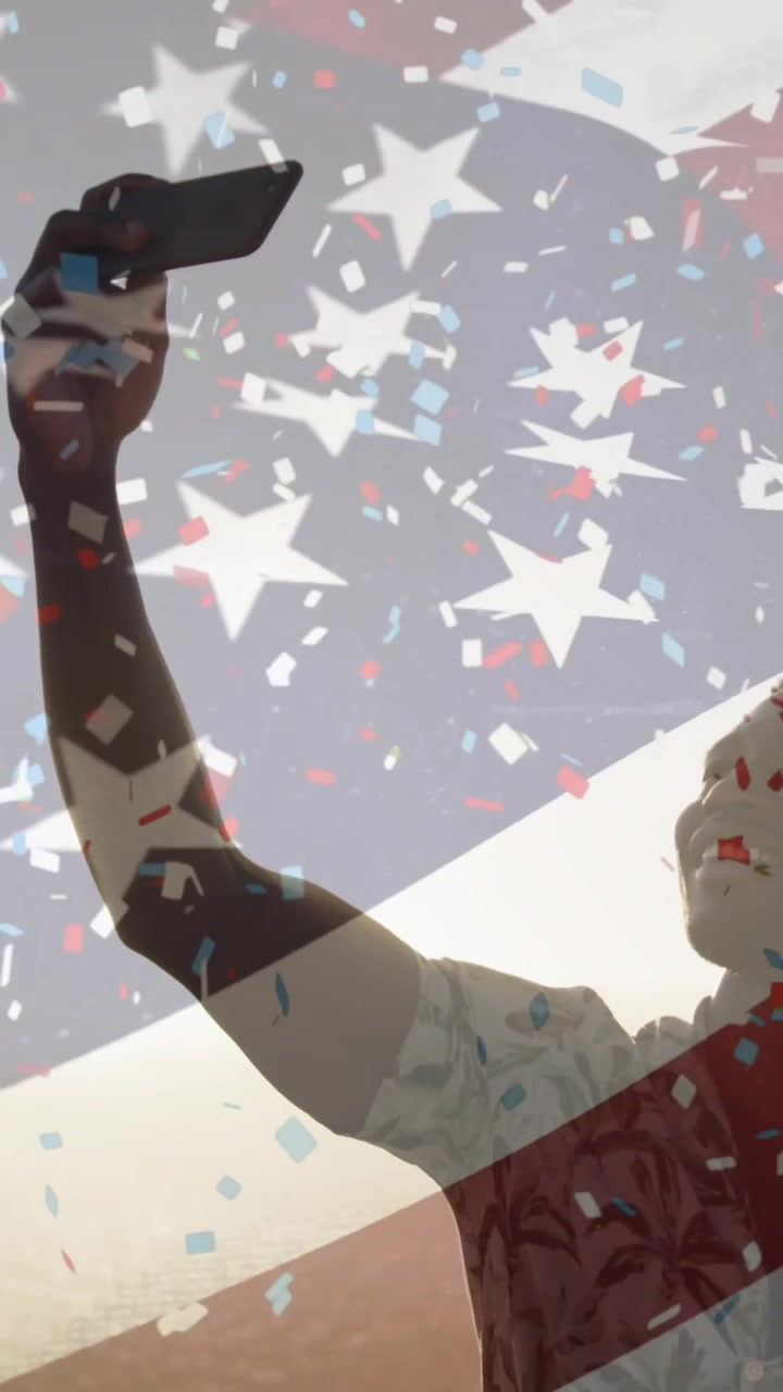 Animation of waving usa flag, confetti falling over african american man taking selfie at the beach