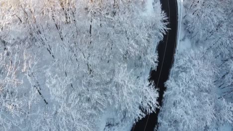 Top-down-shot-of-a-curvy-road-crossing-a-snowy-mountain