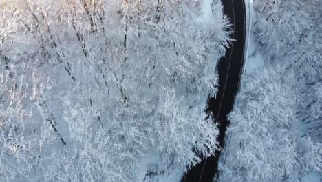 top-down shot of a curvy road crossing a snowy mountain