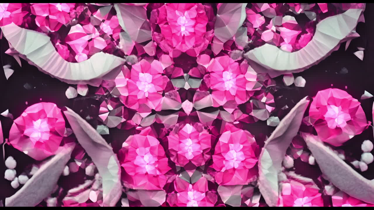 Animation of pink flower shapes moving on black background