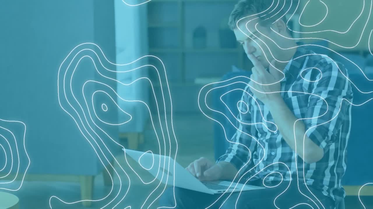 animación de líneas blancas moviéndose sobre un hombre de negocios usando una computadora portátil