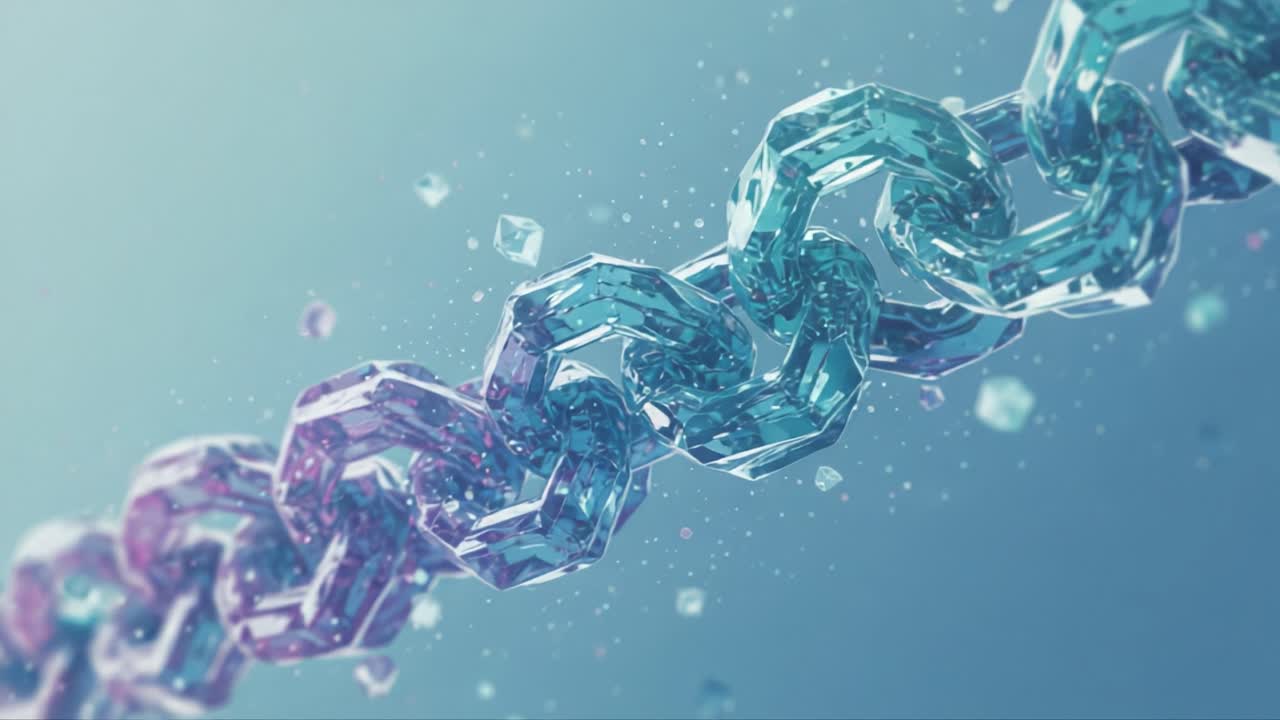 A Stunning Close-Up of an Artistic Chain Made of Interconnected Geometric Shapes, Reflecting Light and Floating Among Delicate Bubbles in a Whimsical Atmosphere