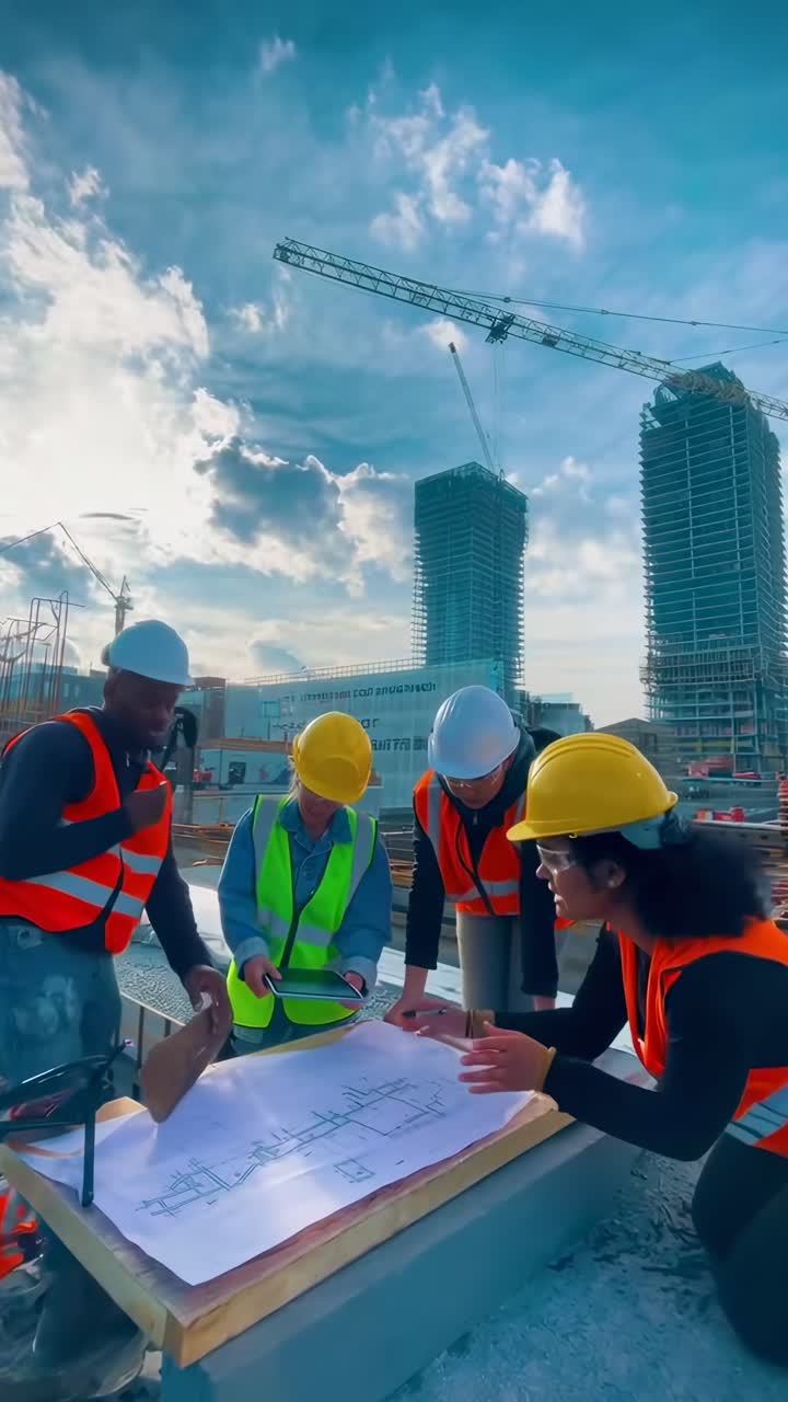 Video sudut rendah arsitek dari berbagai latar belakang yang mengenakan topi sedang meninjau cetak biru di lokasi konstruksi.
