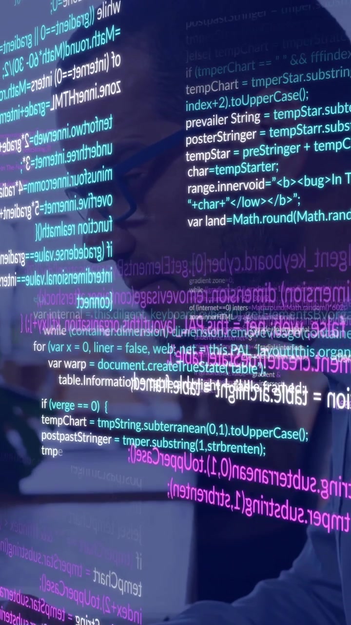 Programming code animation over person working on computer in office