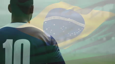 animación de la bandera de brasil sobre diversos jugadores de rugby en el campo