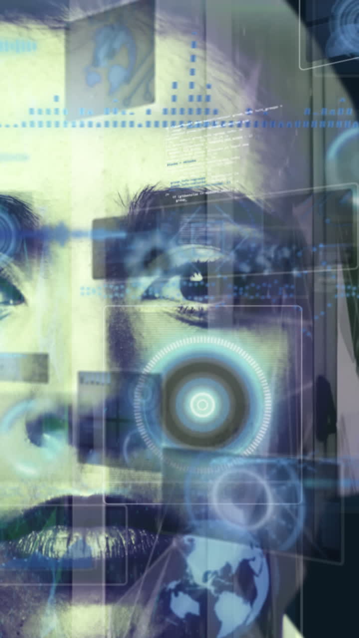 animación del procesamiento de datos sobre el rostro de una mujer caucásica