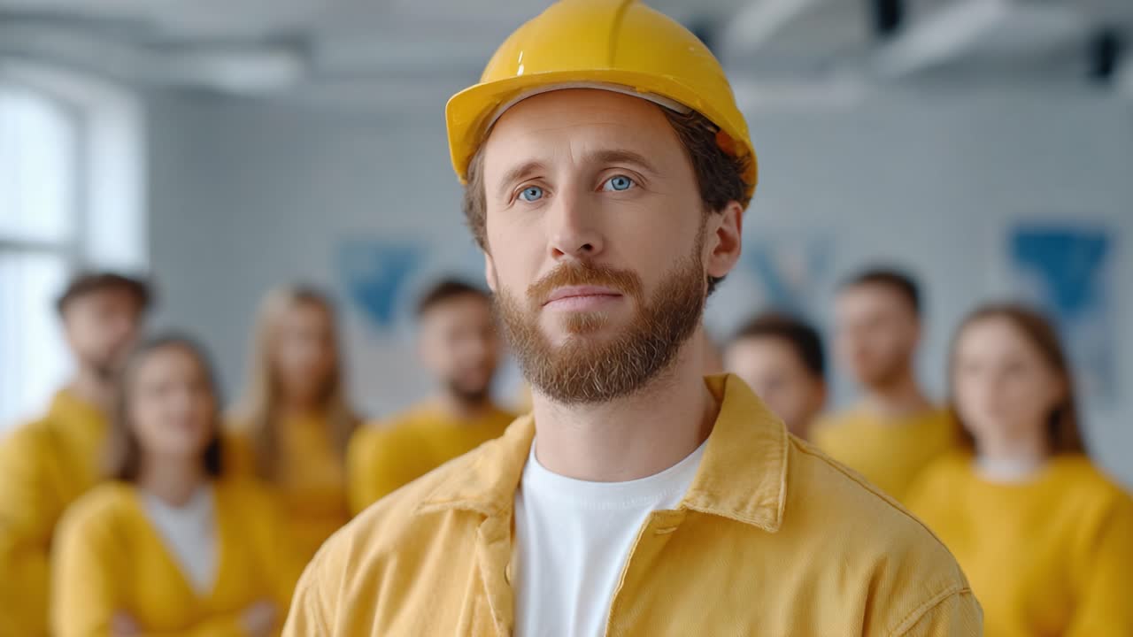 A focused construction worker in a yellow helmet stands in the foreground, displaying determination, while a team of professionals in matching attire is blurred in the background