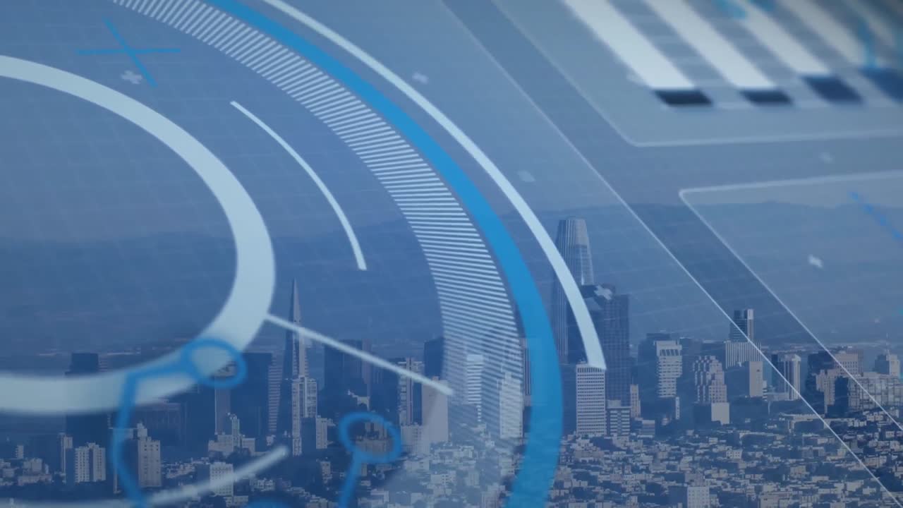 로딩 서클의 애니메이션, 하늘에 대한 현대 도시 풍경의 공중 시야 그래프