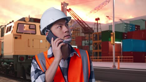 close up of asian male engineer with safety helmet talking on smartphone while standing with freight cargo train at port