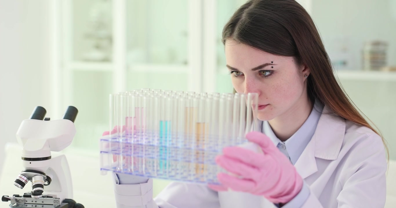 Professional laboratory technician examines test tubes