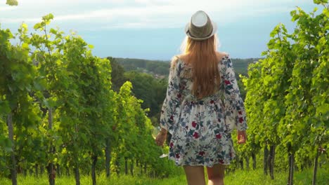 Atemberaubende-HD-Aufnahmen-Einer-Jungen-Weißen-Kaukasischen-Frau-Mit-Strickmütze,-Kleid-Und-Rotem-Lippenstift,-Die-Mit-Einem-Weinglas-In-Der-Hand-Durch-Weinberge-Geht