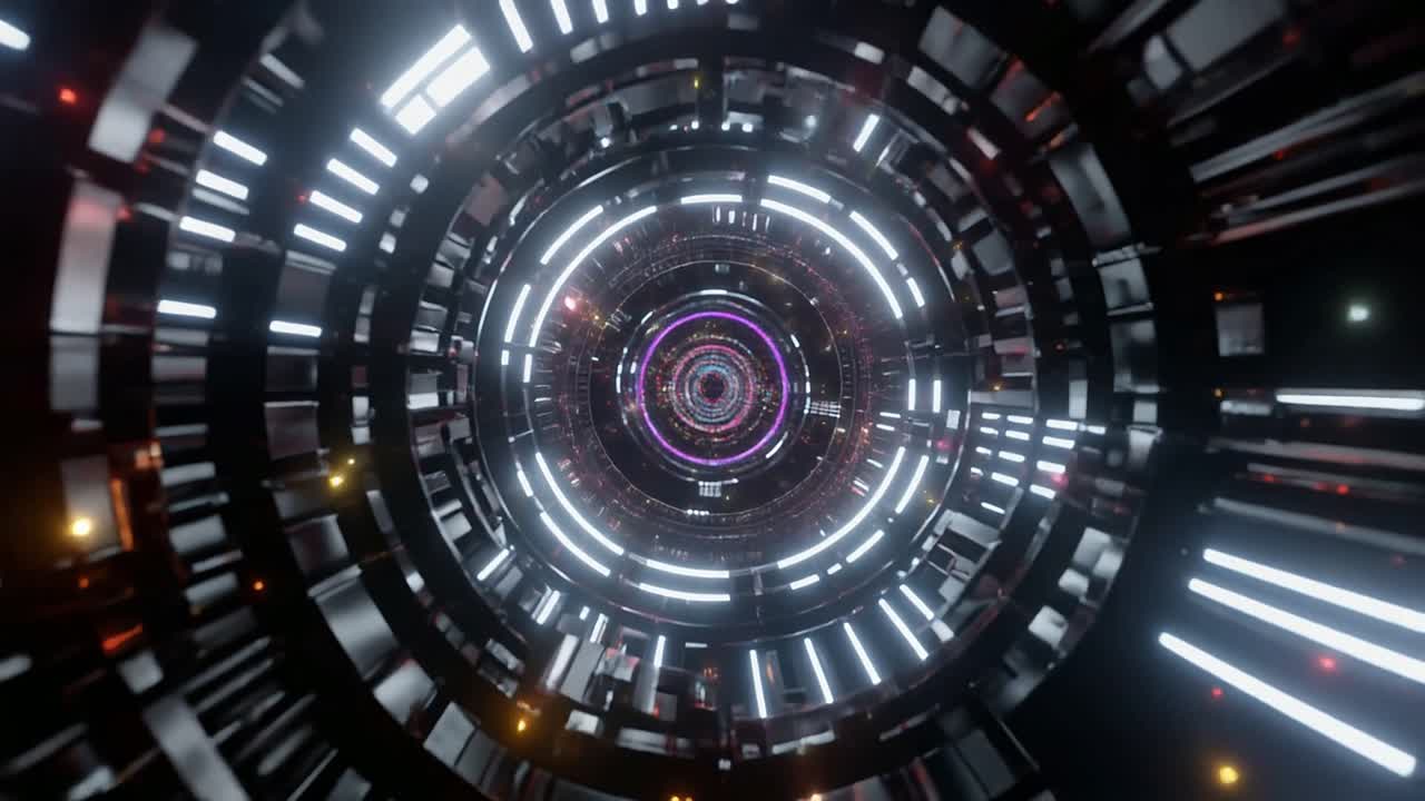 Volare attraverso un tunnel digitale futuristico con luci al neon