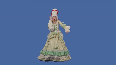 portrait of courtier lady in white long vintage lace dress and wig is dancing merrily. young woman posing in studio with blue screen background. full lenght. slow motion