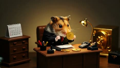 hamster dressed as a business executive busy at the office desk counting coins before the end of the financial quarter