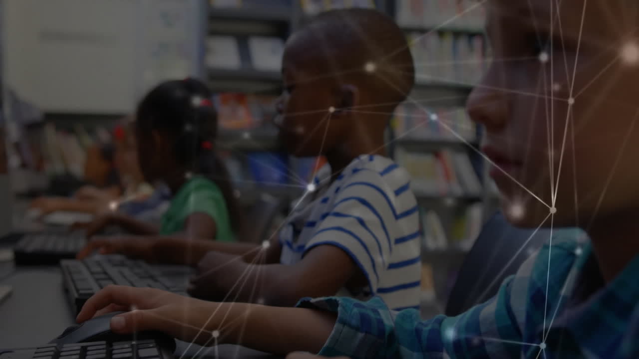 Children using computers in library, network connections animation over them