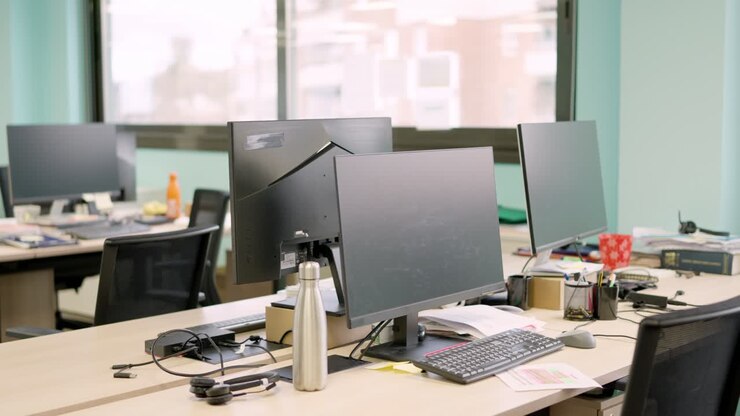 Coworking space with laptop empty of people