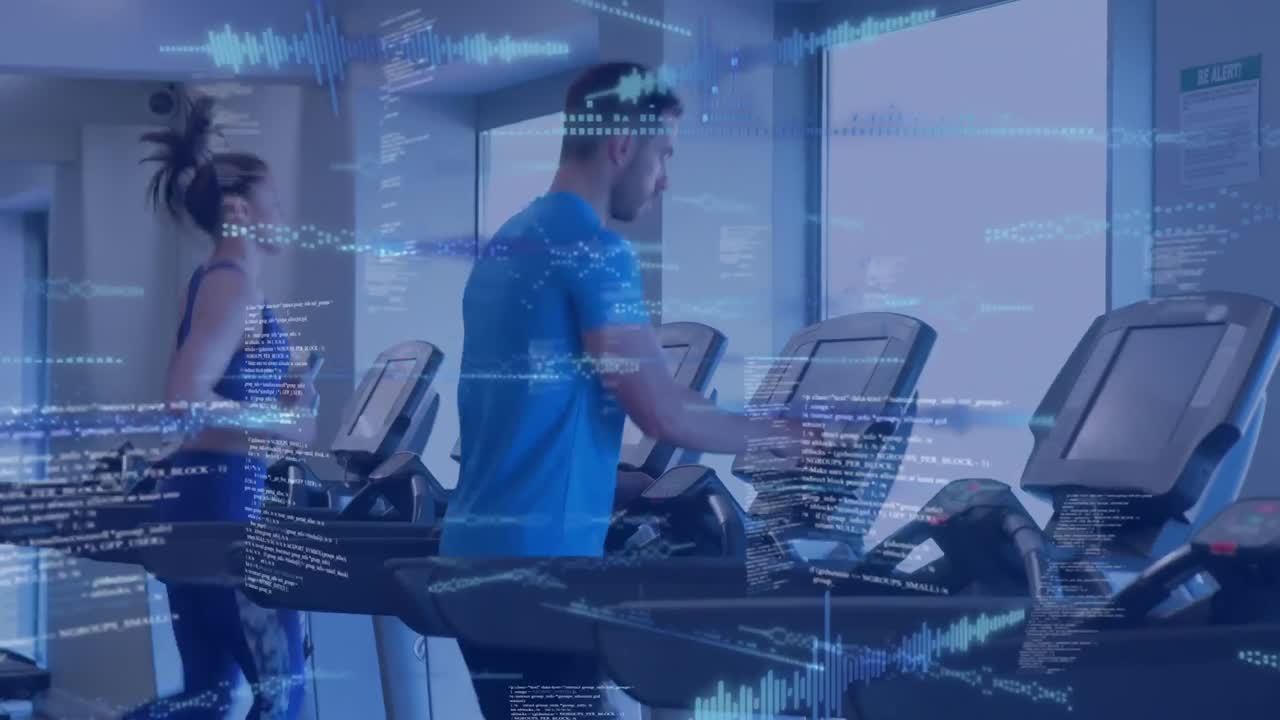 animación del procesamiento de datos sobre personas corriendo en la cinta de correr, haciendo ejercicio en el gimnasio
