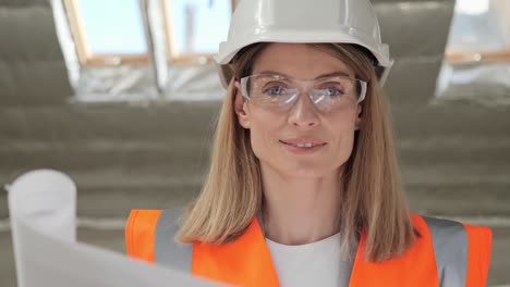 portrait of focused talented pretty female architect analyzing blueprint in modern new building standing near window sincerely looking at camera. busy concentrated professional adult woman.