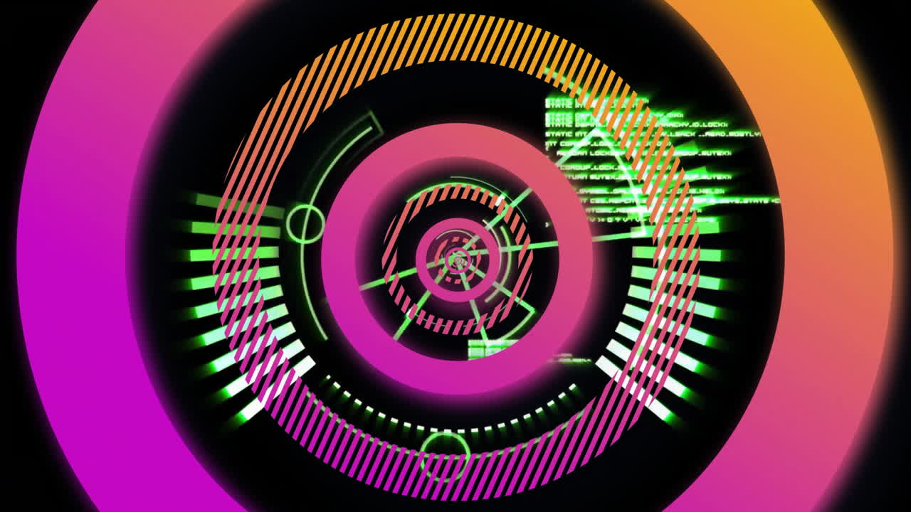 Animation of pink circles over scope scanning with data processing on black background