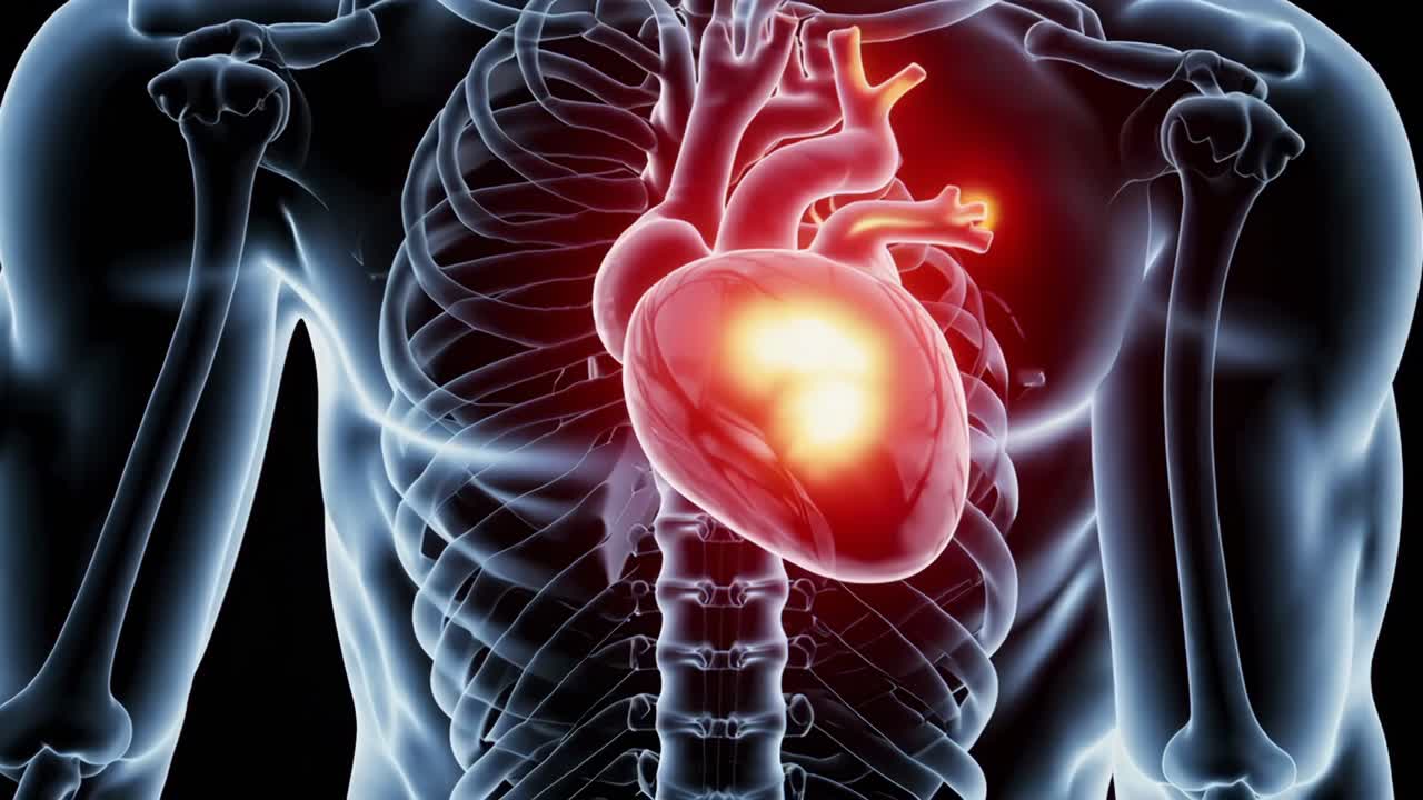 Medical illustration showing human anatomy with glowing heart beating inside chest, highlighting bones, arteries and circulatory system, on dark background